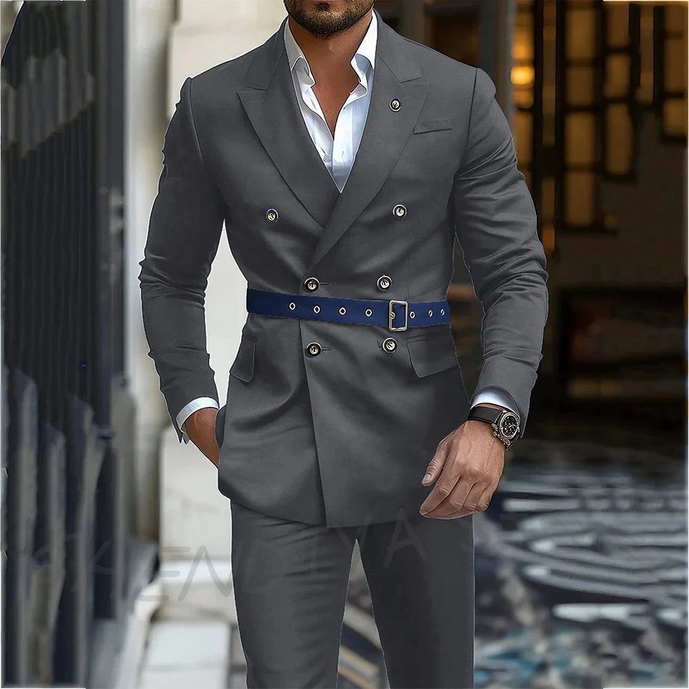 Navy Blue Men's Suit Classic Peak Lapel Blazer Double Breasted Formal Set Two Piece Business Casual Male Clothing Without Belt