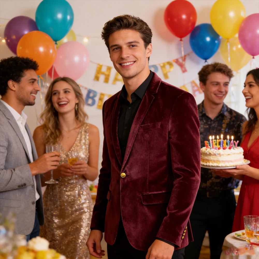 Men's Velvet Blazer Notch Lapel Slim Fit Suit Jacket With Gold One Button Suit Coat For Wedding Party Prom