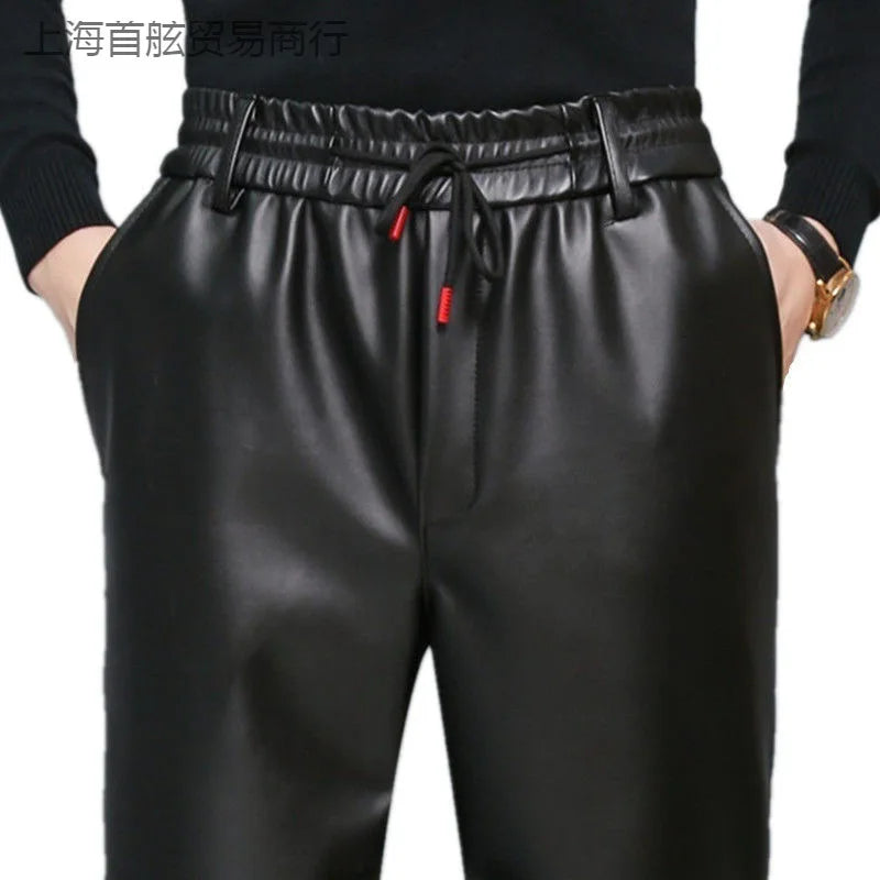 Leather Pants Men's Waterproof Soft Leather with Wool Thickened Autumn and Winter Straight Loose Fur One Men Leather Pants
