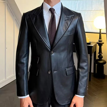 Fausse veste de blazer en cuir manteau en cuir noir chaquetas décontractée Hombre Motorrad Blazer à poitrine mono-pont veste en cuir