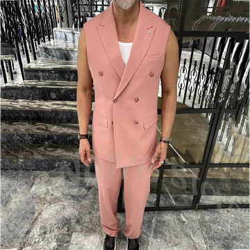 Stylish Sleeveless Men Vest Suit 2 Piece Double Breasted Slim Fit Peak Lapel Summer Beach Wedding Guest Party Prom Male Outfit