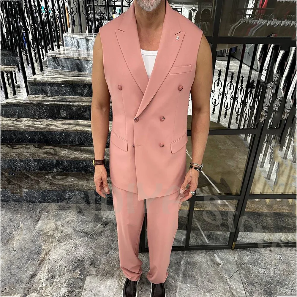 Stylish Sleeveless Men Vest Suit 2 Piece Double Breasted Slim Fit Peak Lapel Summer Beach Wedding Guest Party Prom Male Outfit
