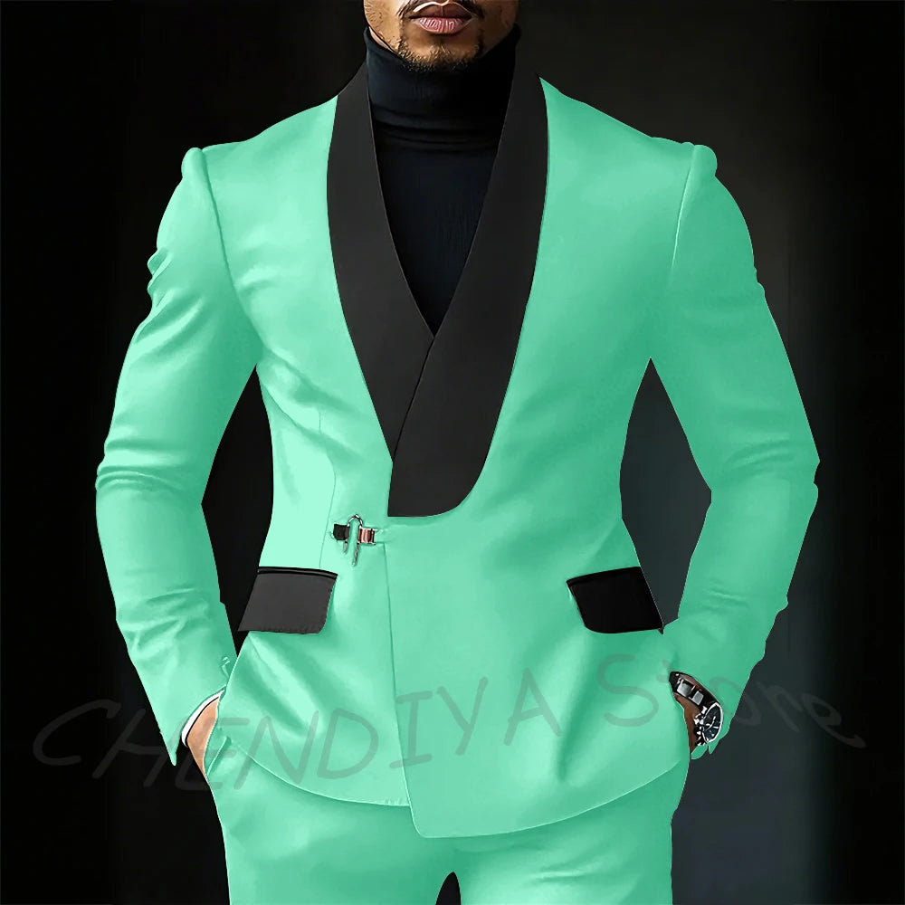 Contrast Color Men's Suit Set 2 Piece Elegant Shawl Lapel Slim Fit Formal Outfit Business Casual Jacket Pants Customized
