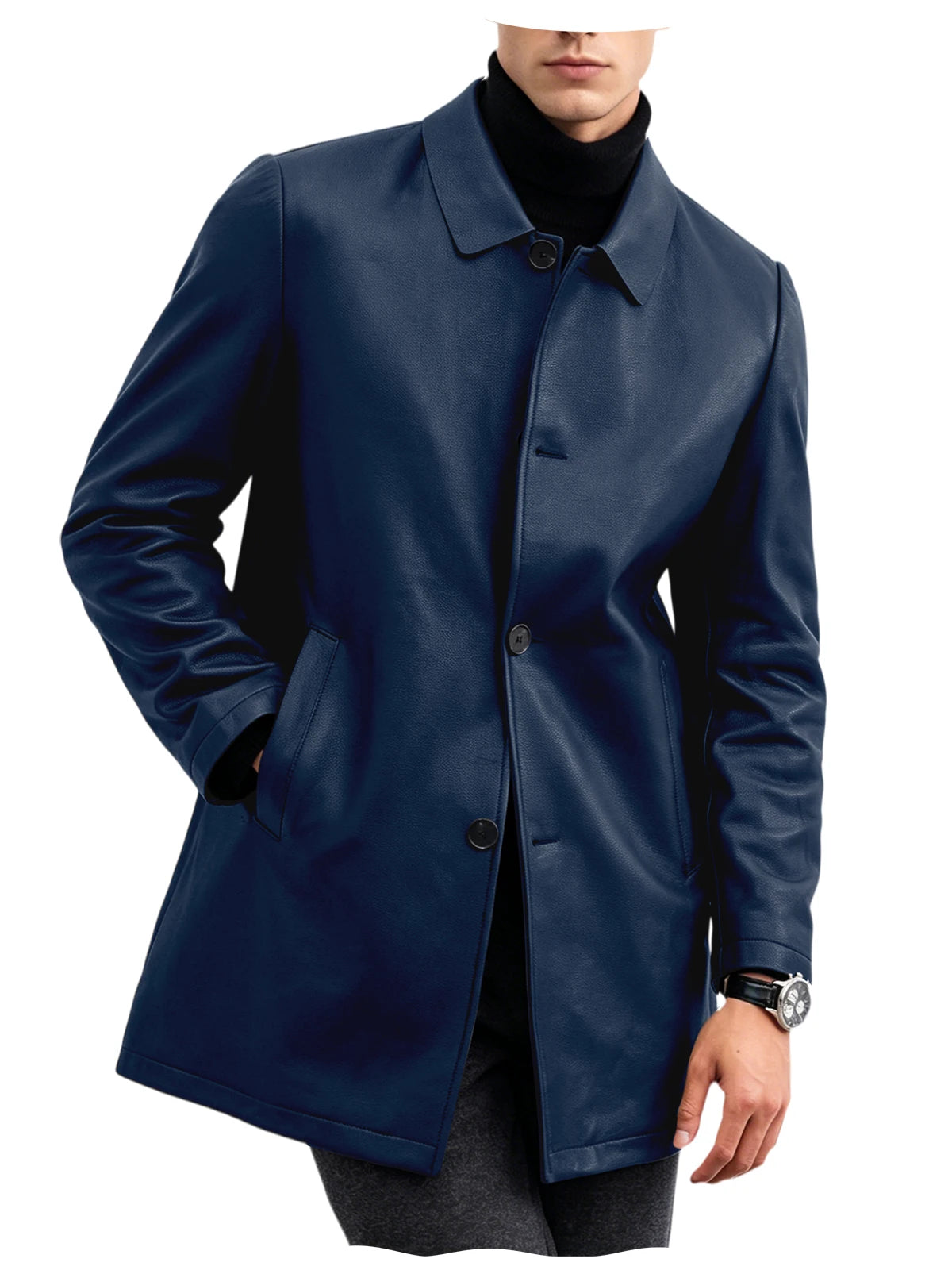 Men Premium Leather-Like Trench Coat Turn-Down Collar Single Breasted Mid-Length Overcoat Classic Slim Fit Business Casual Wear