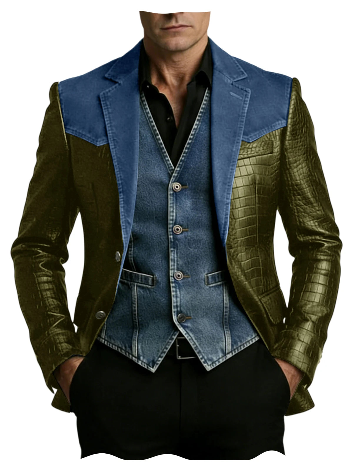 Men's Blazer Luxury Crocodile Embossed Leather Patchwork Denim Suit Jacket Notched Lapel Western Cowboy Party Casual Streetwear