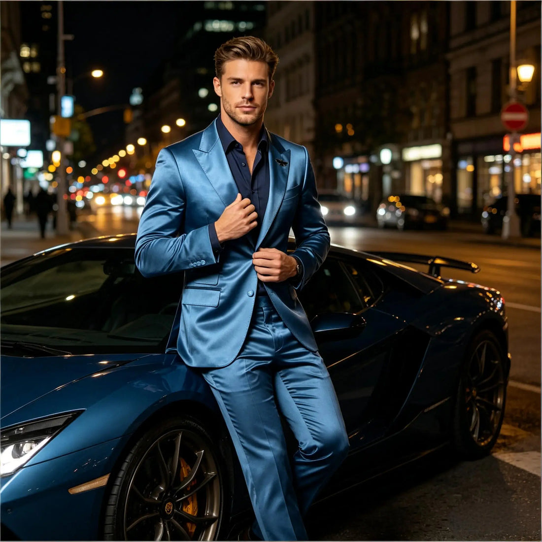 Men's Satin 2-Piece Suit Set Slim Fit Peak Lapel Tuxedo Blazer With Straight Leg Pants For Wedding Party Formal Wear