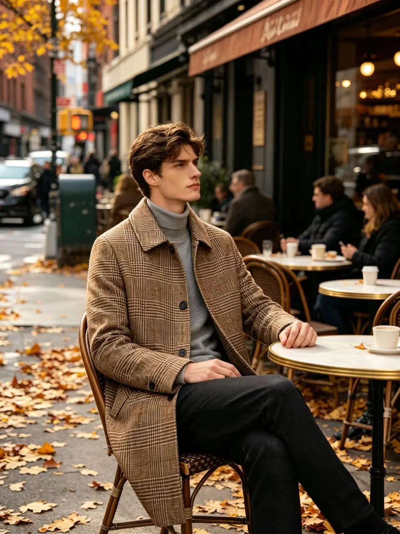 Men's Plaid Wool Blend Overcoat Turn Down Collar Mid Length Classic British Style Jacket For Business Casual