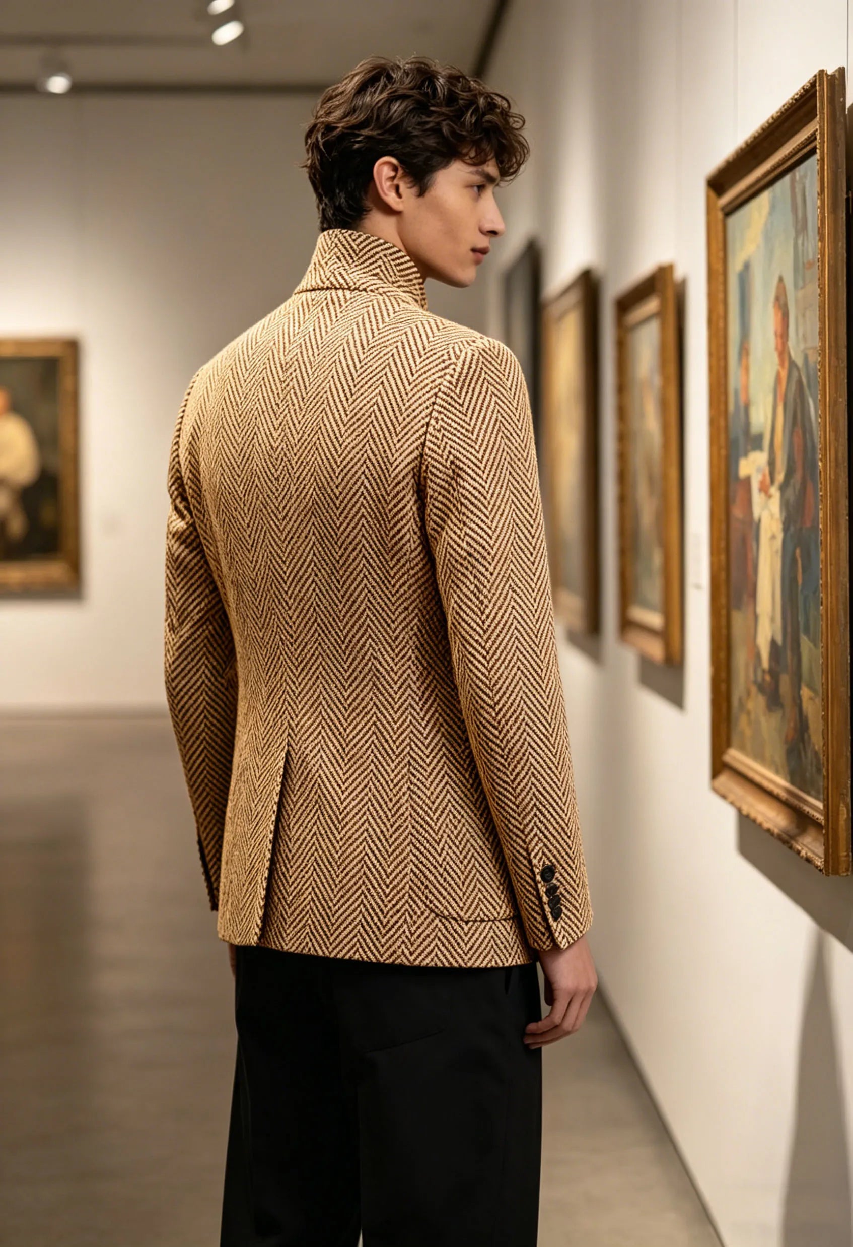 Vintage Men's Herringbone Jacket Stand Collar Slim Fit Wool Blend Formal Blazer Fashion British Style Sport Coat Business Casual
