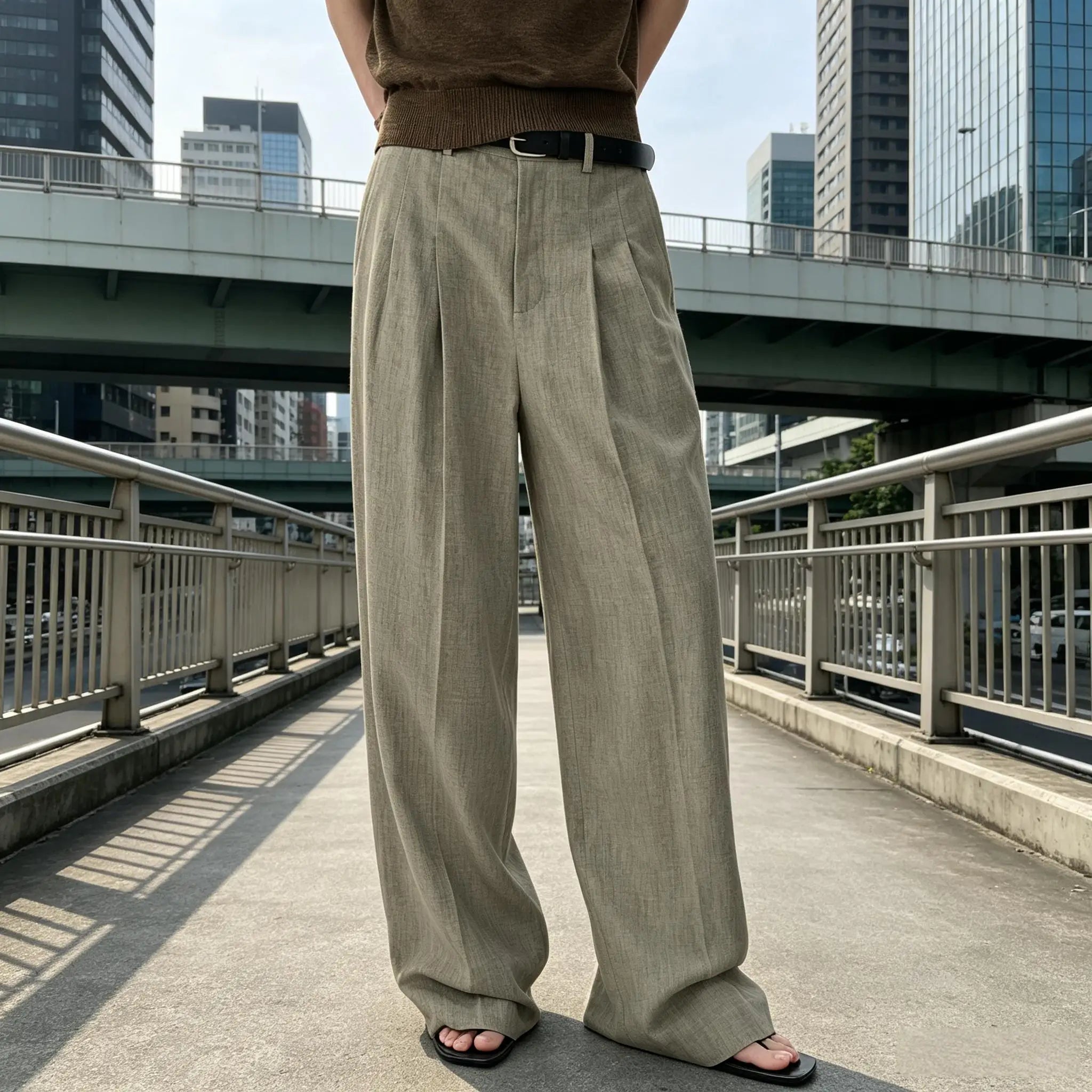 Men Linen Wide Leg Pants High Waist Pleated Casual Trousers Breathable Loose Straight Suit Pants Streetwear