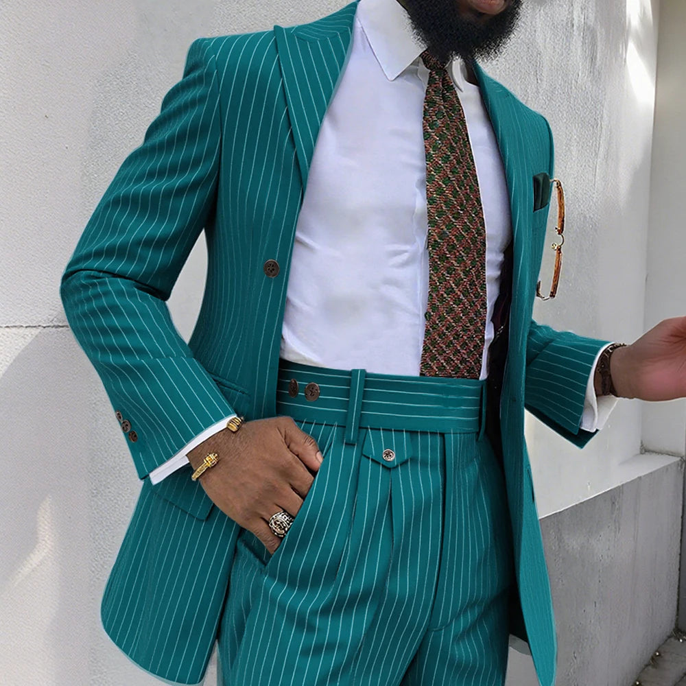 Brown Stripe Men Suits 2 Piece Chic Double Breasted Business Casual Outfits Fashion Peak Lapel Wedding Tuxedo (Jacket+Pants)