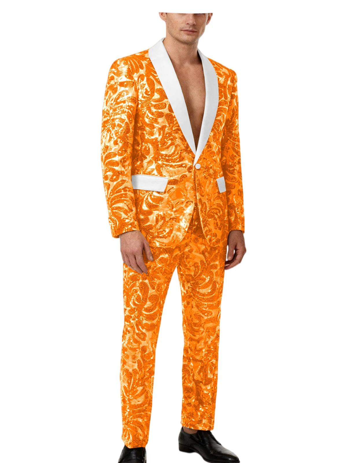 Men's Sequin Paisley Tuxedo Set Suit White Satin Shawl Lapel Slim Fit 2 Piece Blazer+Pants For Wedding Prom Party Suit Plus Size