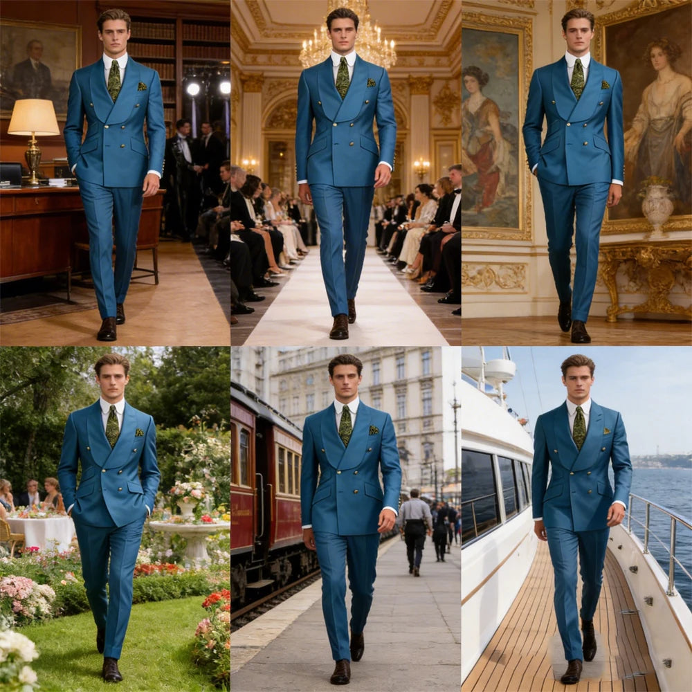 Men's Double Breasted Tuxedo Suit Shawl Lapel Slim Fit 2 Piece Blazer & Pants Formal Business Luxury Suits Casual Wedding Groom