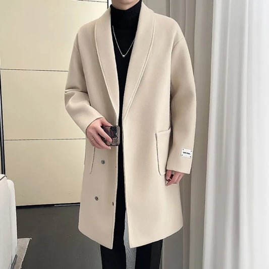 PFHQ Autumn Men's Woolen Coats Lapel Solid Color Double Breasted Pockets Thickened Medium Style Male Trench Coats 2024 21Z6593