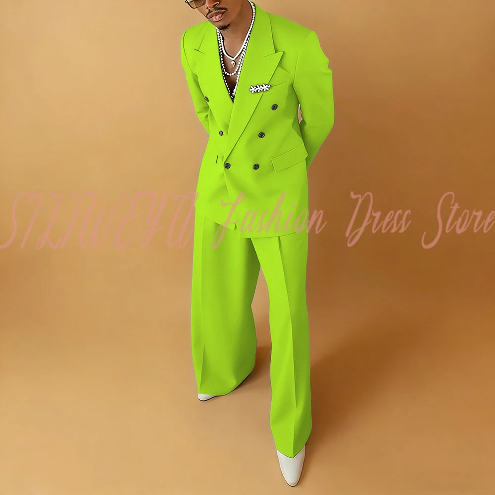 Double Breasted Men Solid Color Suit 2 Pieces Jacket Pants Business Casual Social Party Male Clothing Best Man Costumes Hommes