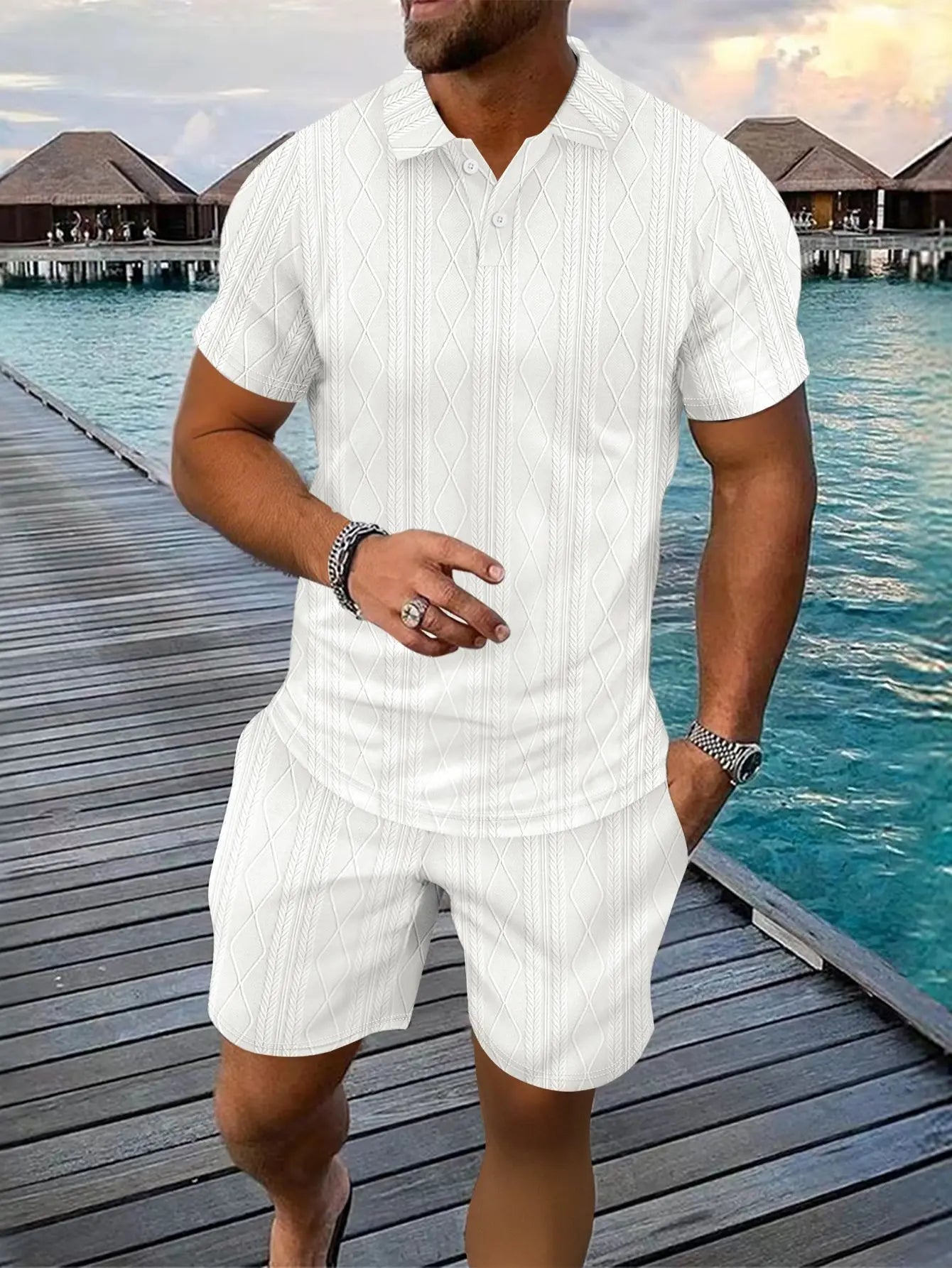 Men's Fashion Striped Jacquard Two-Piece Set Casual Loose Lapel T-Shirt Top Spring Summer Sports Beach Set