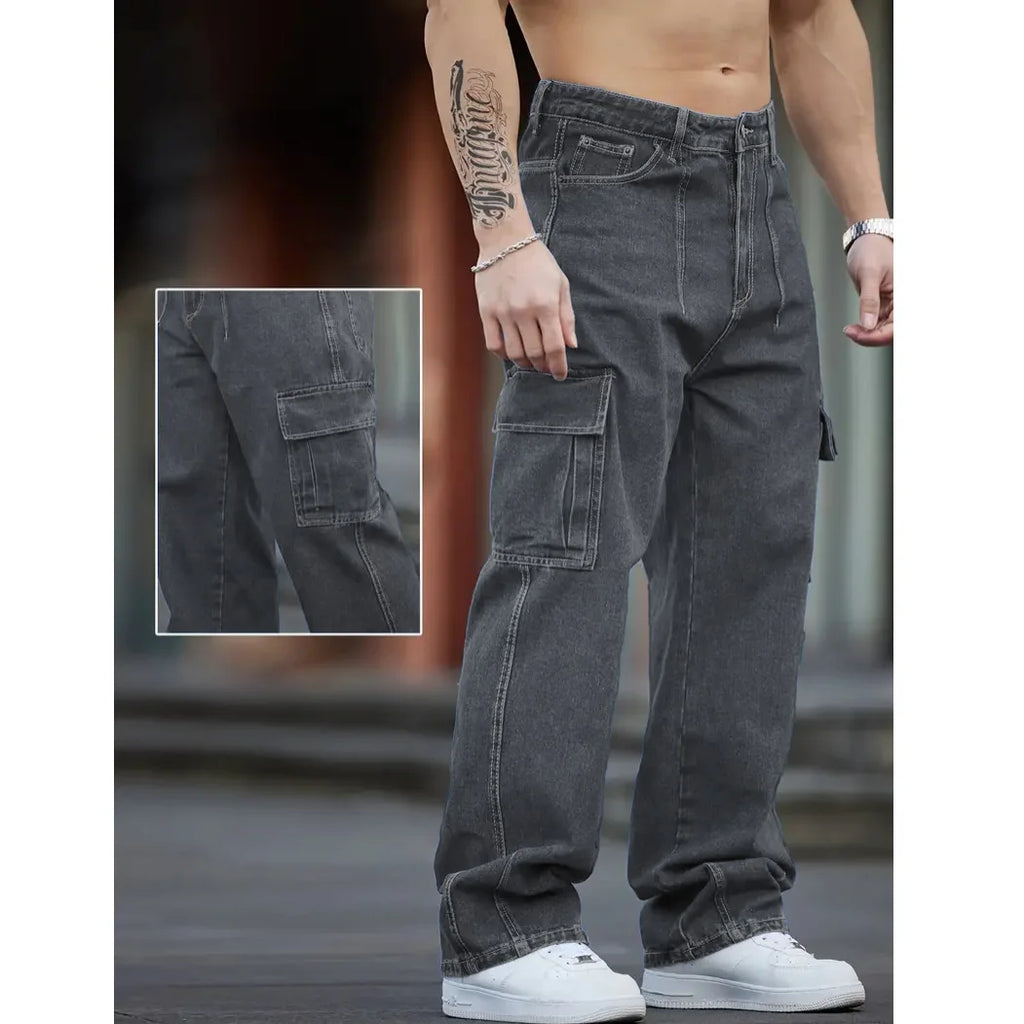 Men Multi Cargo Pocket Jeans Vintage Loose Wide Leg Straight Denim Pants Streetwear Hip Hop Workwear Trousers