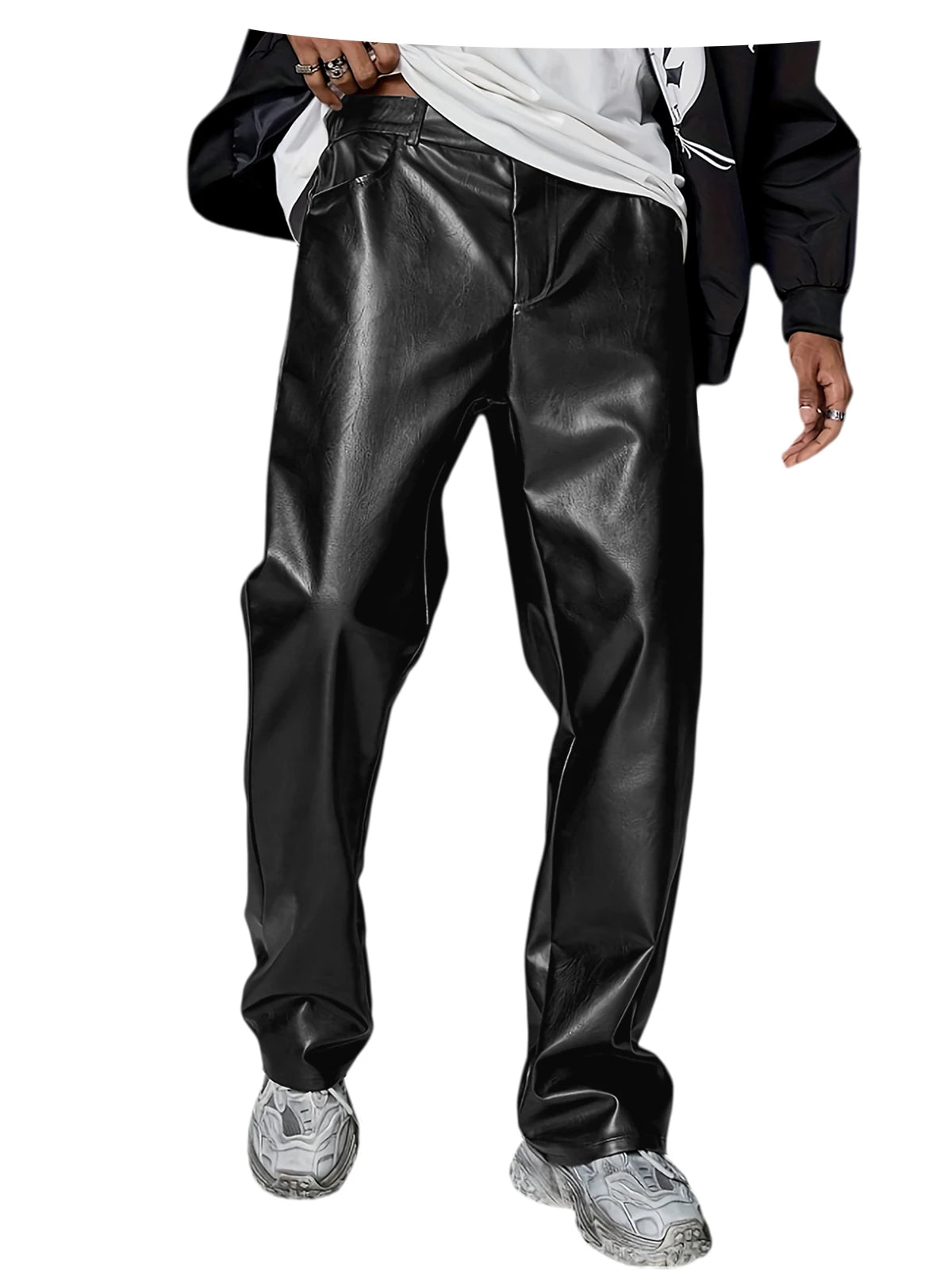 Men's Faux Leather Wide Leg Pants High Waist Loose Straight Trousers Hip Hop Streetwear Club Party Casual Bottoms