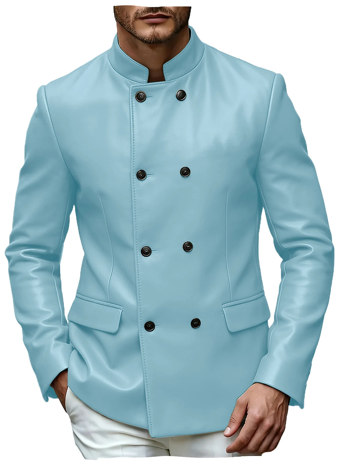 Men's Blazer Stand Collar Faux Leather Jacket High Quality Double Breasted Slim Fit Casual Coat For Business Office Outerwear