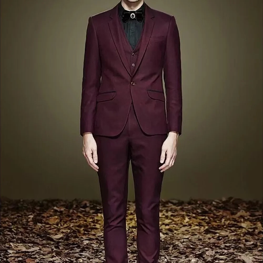 Fashion Solid Color Suits For Men Notch Lapel Classic One Button Daily Office Work Male Business Casual Outfit Jacket Vest Pants