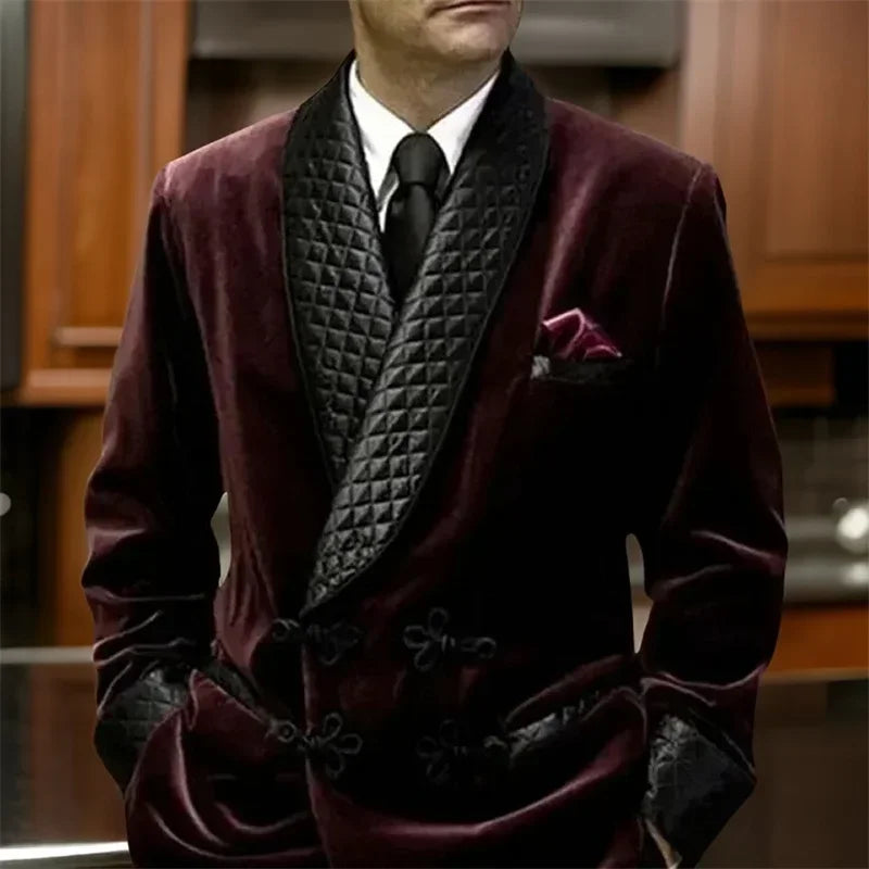 Velvet Smoking Jacket 1 Pc With Mandarin Buttons Shawl Lapel Long Casual Business Blazer Male Fashion Coat 2025