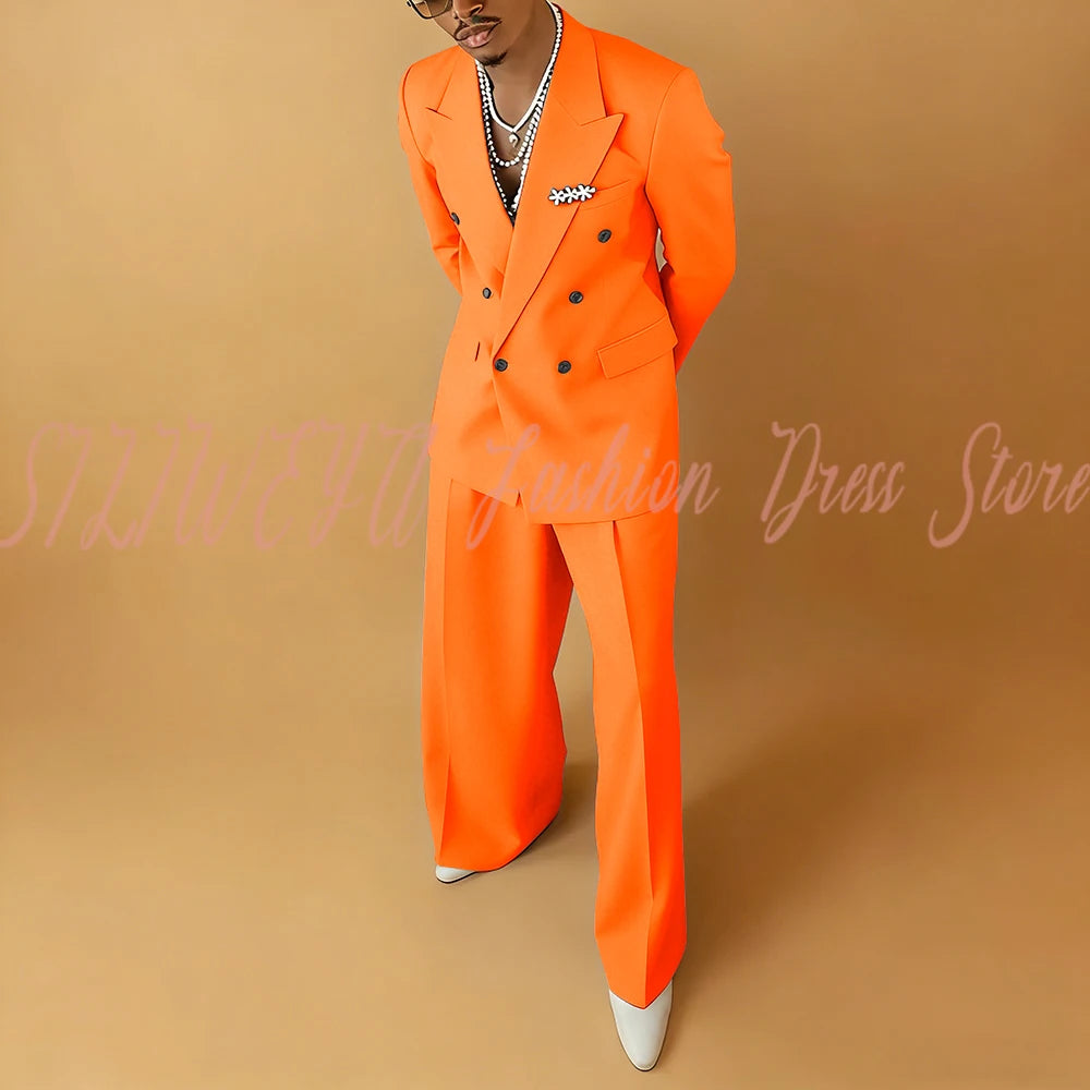 Double Breasted Men Solid Color Suit 2 Pieces Jacket Pants Business Casual Social Party Male Clothing Best Man Costumes Hommes