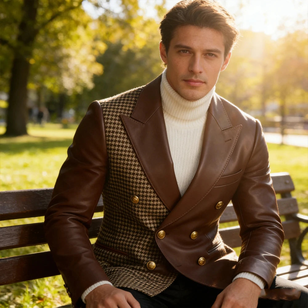 Men's Houndstooth Faux Leather Patchwork Blazer Jacket Double Breasted Peak Lapel Gold Button Slim Fit Suit For Business Casual