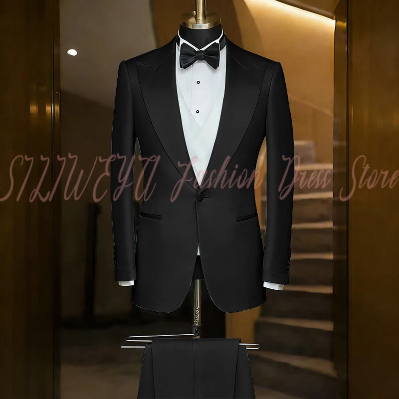 Elegant Black Men's Suit Single Breasted Peak Lapel Wedding Groom Tuxedo Dinner Party Dress Business Casual Male Clothing
