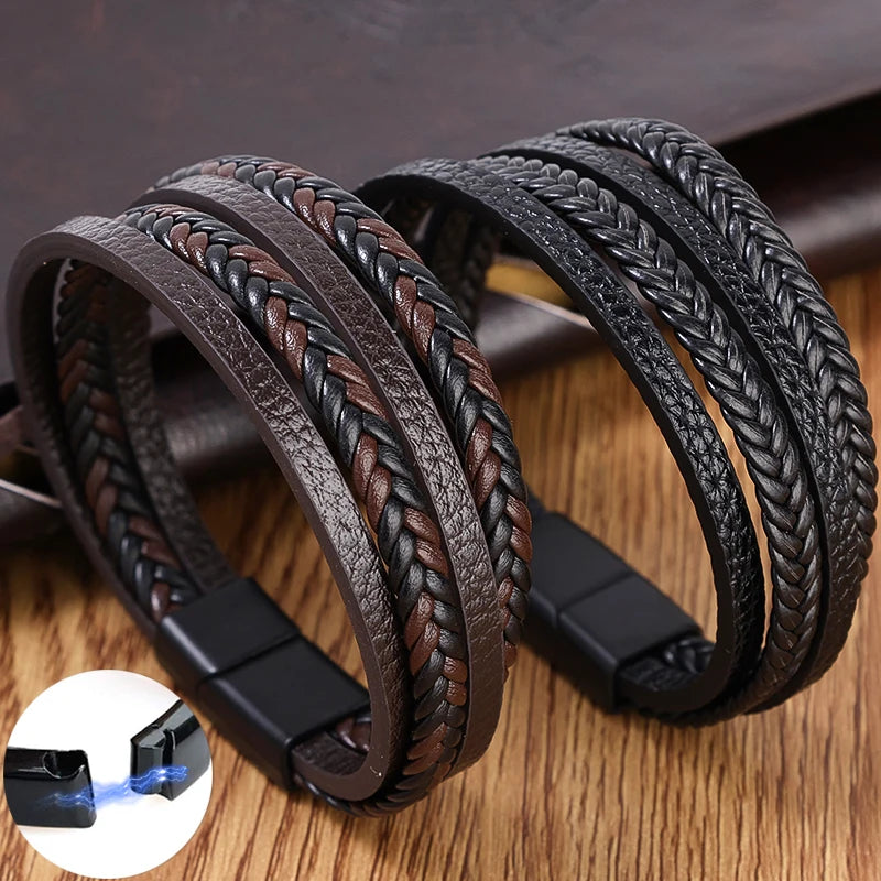 Fashion Magnetic Buckle Leather Bracelets Men Stainless Steel Multilayer Braided Rope Bracelet For Male Bracelets Jewelry Gift