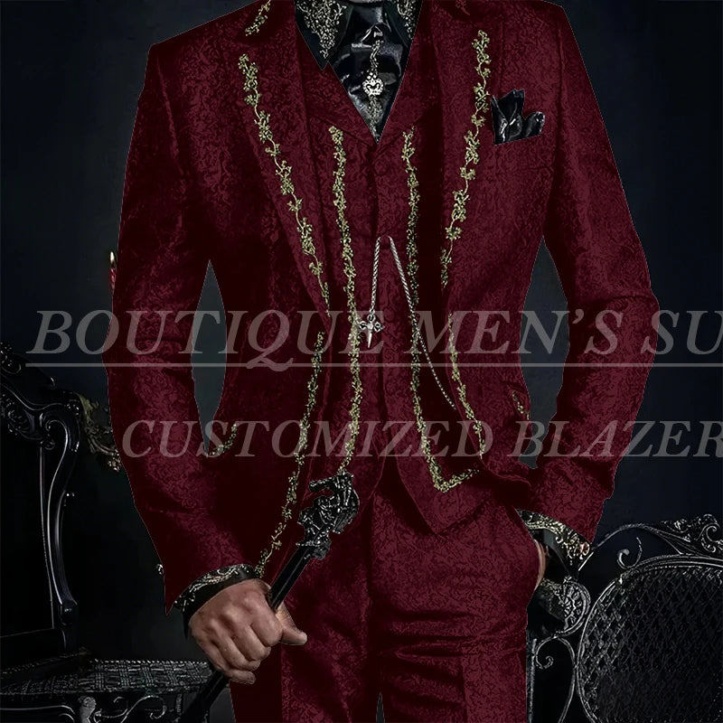 Elegant Black Jacquard Men Suits Embroidery Single Breasted Slim Fit 3 Piece Jacket Pants Vest Male Clothing Blazer Terno 2024