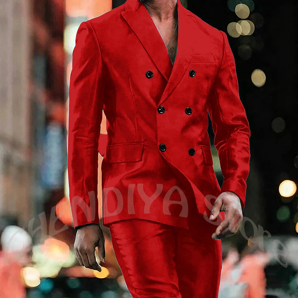 Elegant Satin Men Suit 2 Pieces Peaked Lapel Handsome Tailor-Made Custom Man Fashion Clothes Set Smart Casual Jacket Pants
