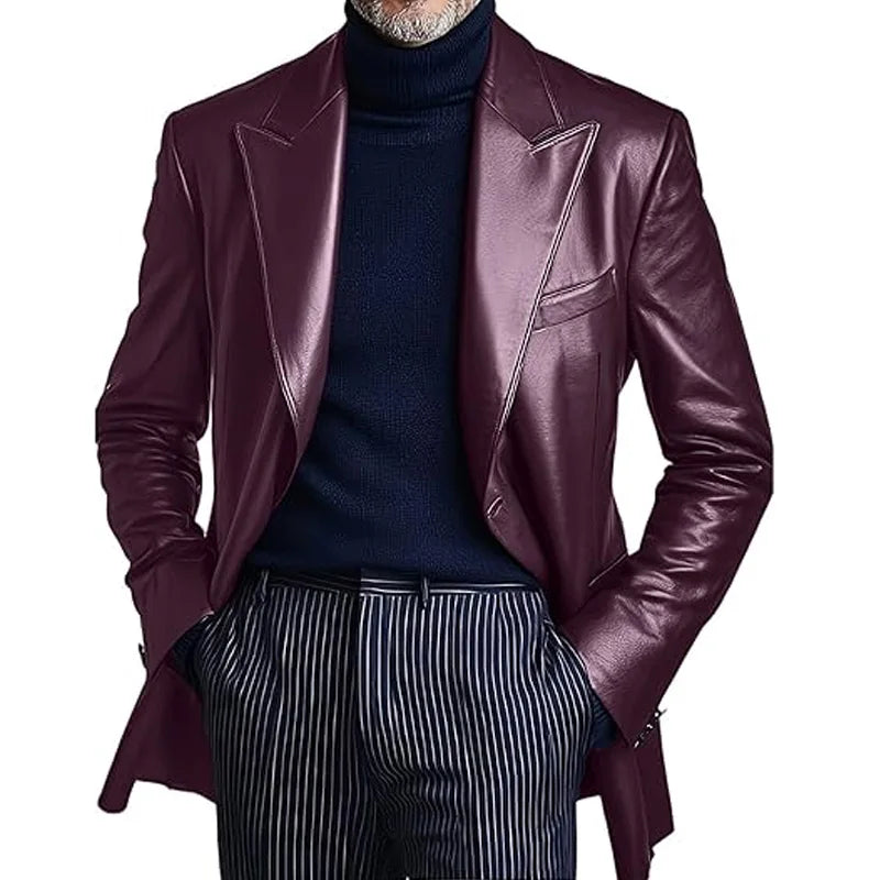 Men's Dress Leather Jacket Burgundy Luxury Slim Fit Notchde Lapel Flap Pocket Retro Soft Sport Coat For Business Casual