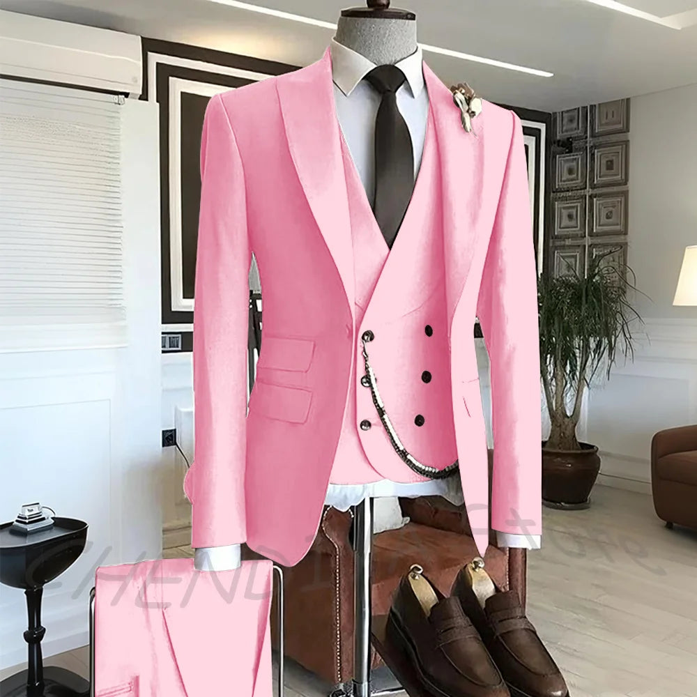 Men's Suit Formal Set 3 Piece Chic Single Button Peak Lapel Slim Fit Outfit Jacket Pants Vest High Quality Business Casual