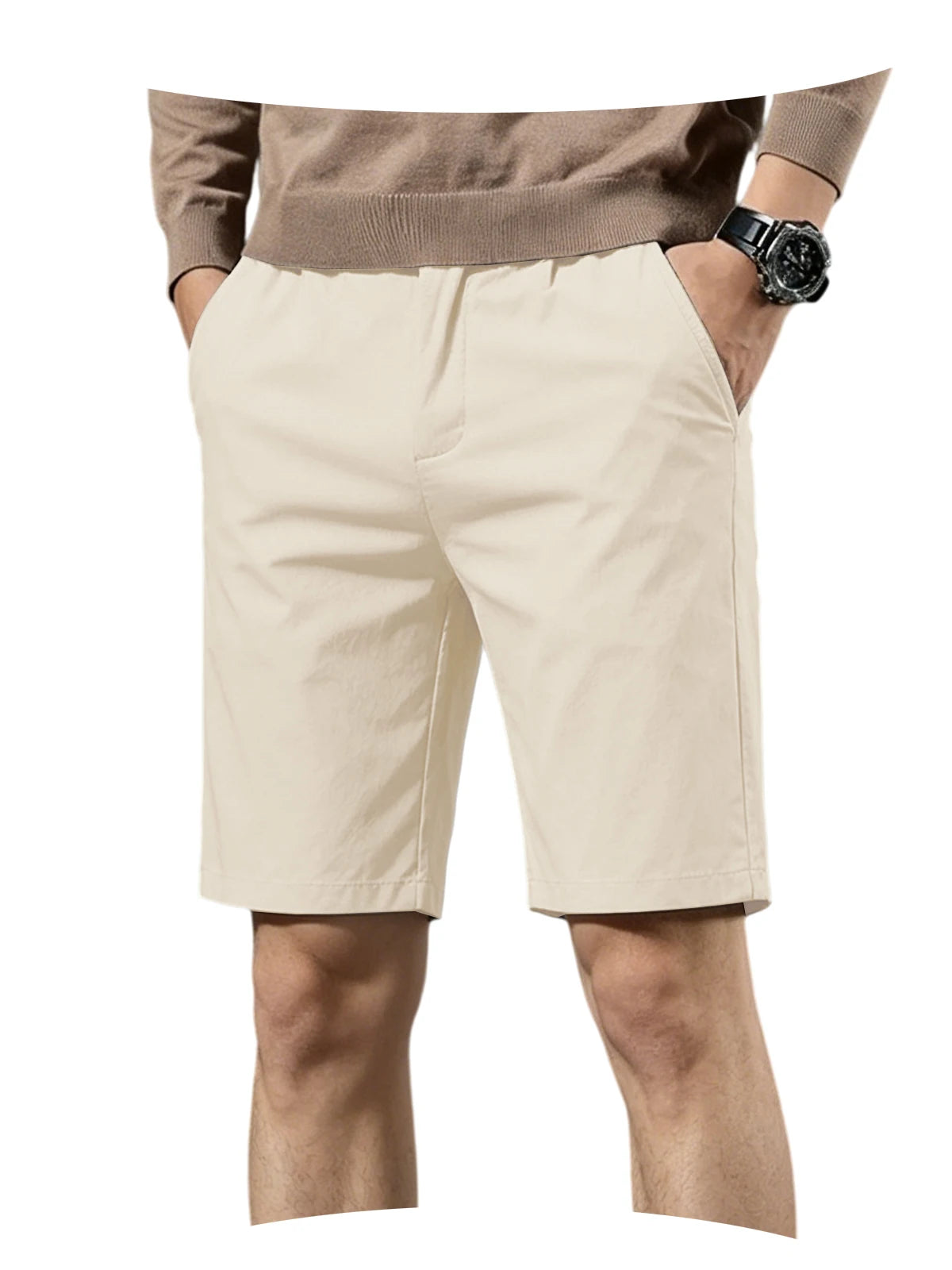 Men Cotton Solid Knee Length Bermuda Shorts Straight Chino Shorts Front Back Pockets Breathable Summer Beach Daily Casual Shorts
