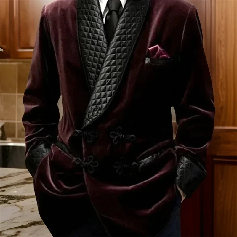 Velvet Smoking Jacket 1 Pc With Mandarin Buttons Shawl Lapel Long Casual Business Blazer Male Fashion Coat 2025