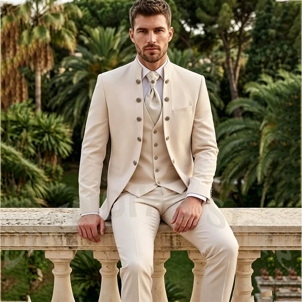 Formal Three Piece Men Suits Slim Fit High Quality Single Breasted O Neck Businesss Casual Party Gala Groom Wedding Set Outfit