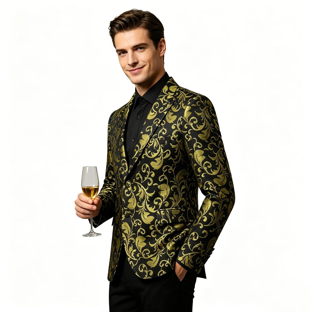 Men's Floral Jacquard Blazer Notched Lapel Two Button Flap Pockets Party Suit Jacket For Wedding Prom Nightclub Formal