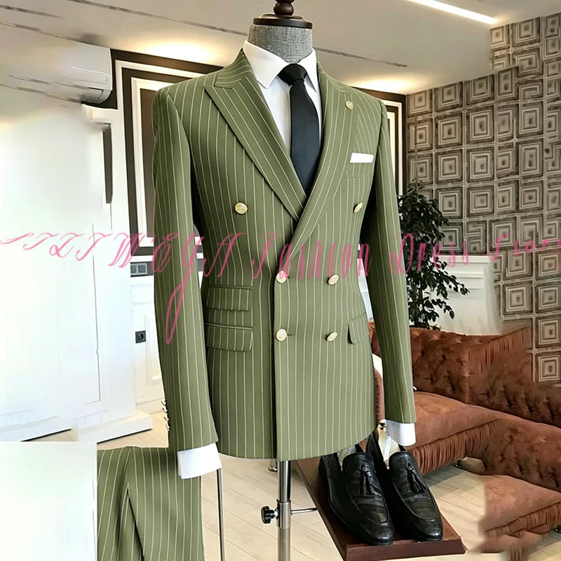 2025 Men's High-End Boutique Suit Stripe Trousers Set Wedding Party Fashion Business Casual Trendy Two-Piece Ensemble