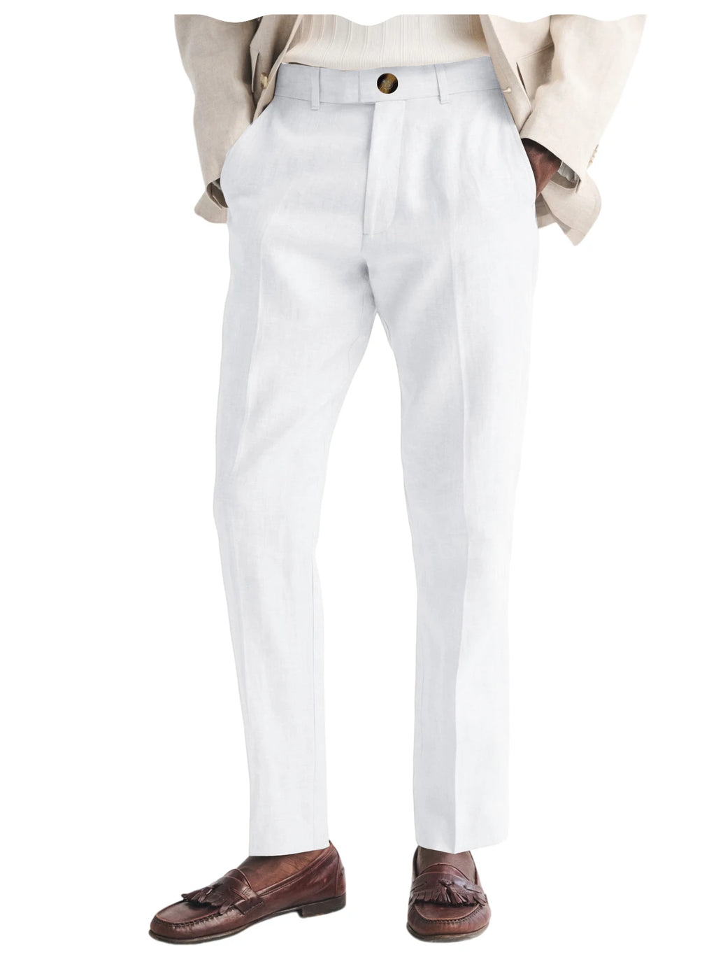 Men's Linen Straight Fit Pants Wrinkle-Resistant Lightweight Breathable Flat-Front Casual Trousers Expandable-Waist For Summer