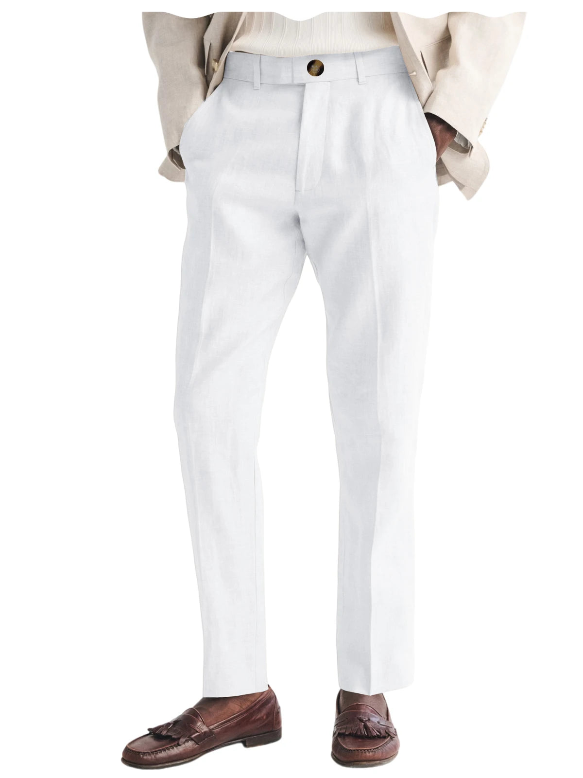 Men's Linen Straight Fit Pants Wrinkle-Resistant Lightweight Breathable Flat-Front Casual Trousers Expandable-Waist For Summer