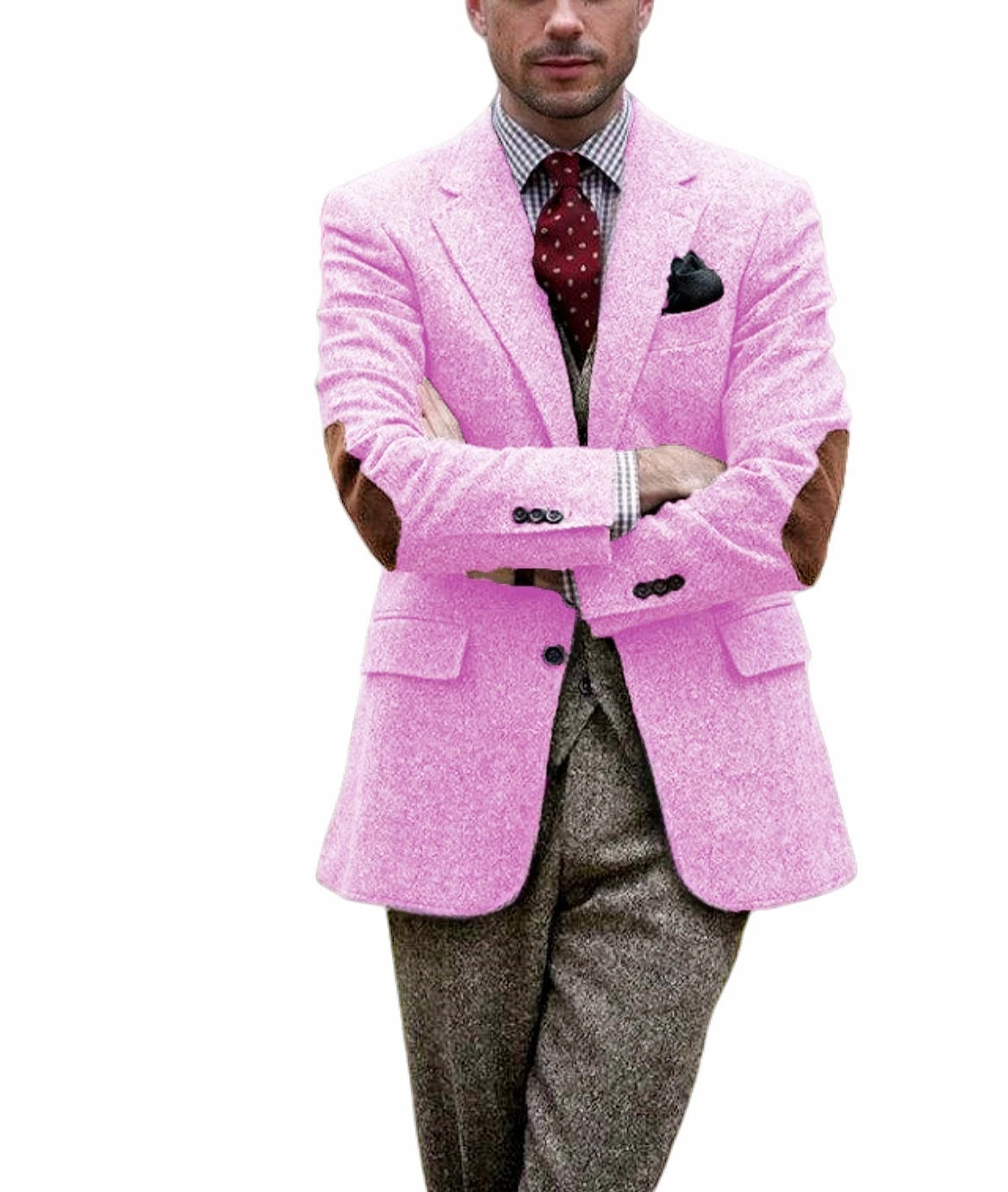 Men's Tweed Blazer Notched Lapel Wool Blend With Elbow Patches Casual Suit Jacket For Business Wedding Daily Wear Party