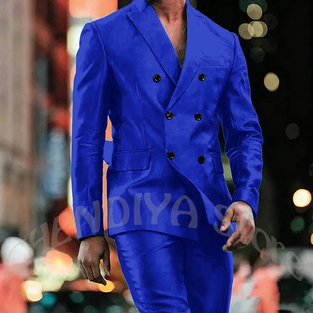 Elegant Satin Men Suit 2 Pieces Peaked Lapel Handsome Tailor-Made Custom Man Fashion Clothes Set Smart Casual Jacket Pants