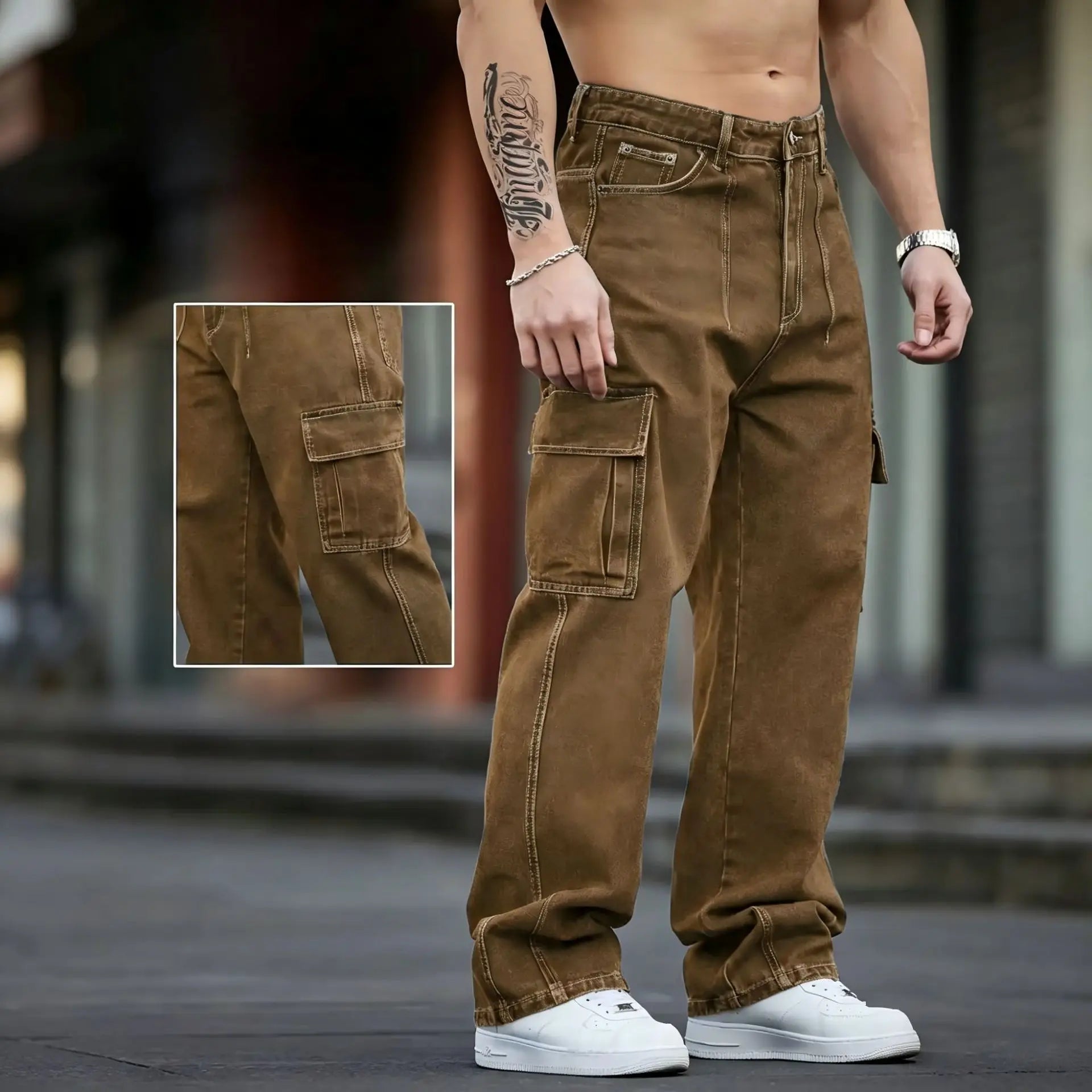 Men Multi Cargo Pocket Jeans Vintage Loose Wide Leg Straight Denim Pants Streetwear Hip Hop Workwear Trousers