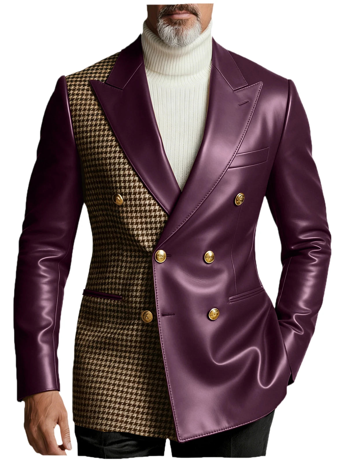 Men's Houndstooth Faux Leather Patchwork Blazer Jacket Double Breasted Peak Lapel Gold Button Slim Fit Suit For Business Casual