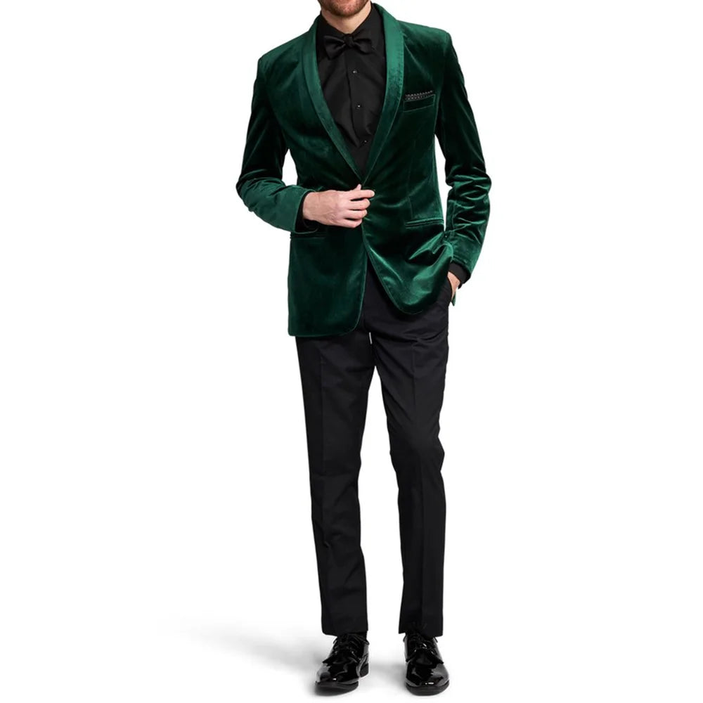 Green Velvet Men's 2 Pieces Jacket Pants Elegant Dinner Party Wedding Groom Tuxedo Formal Male Clothing