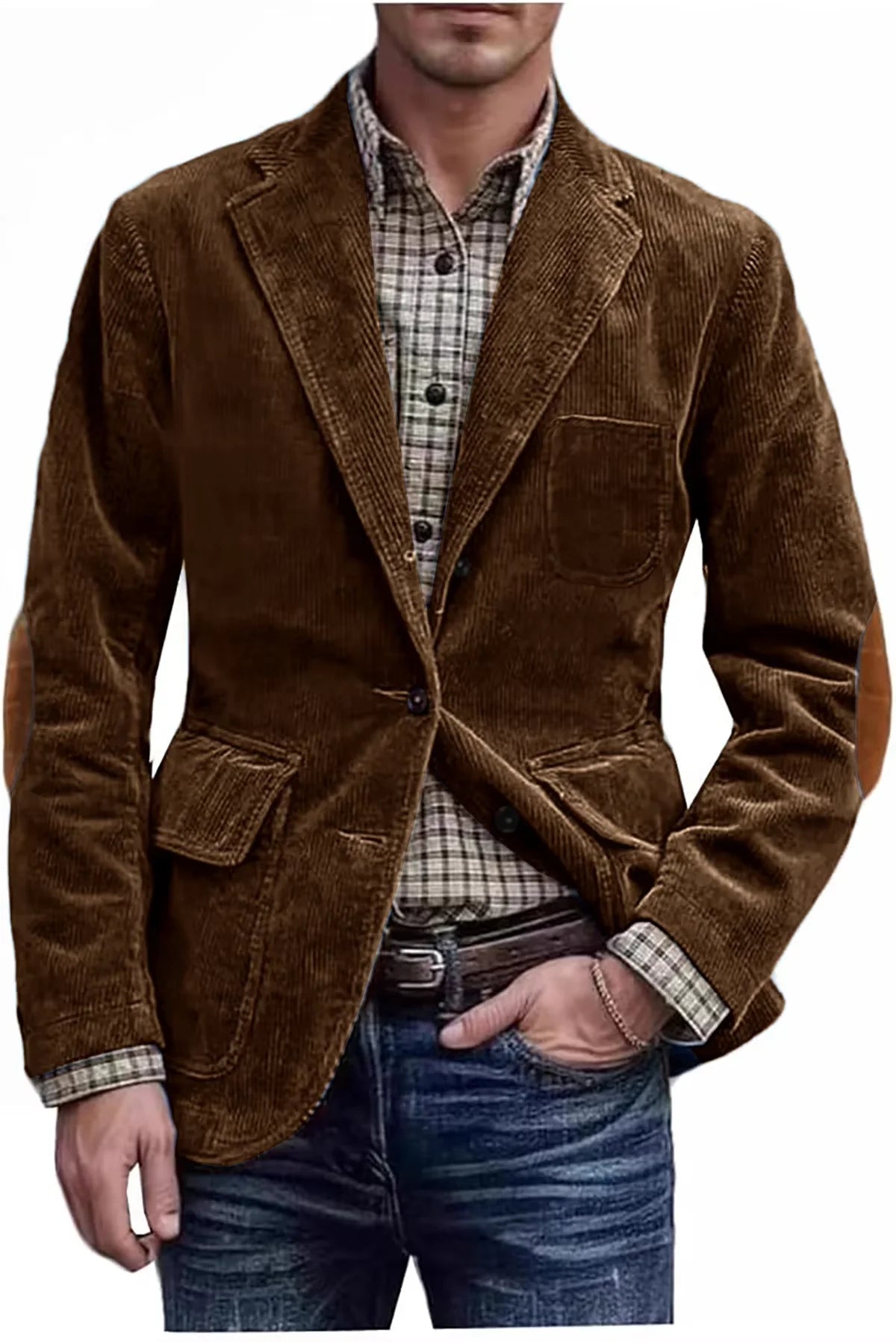 Men's Hunting Corduroy Blazer with Elbow Patches Vintage Tan Notched Lapel Casual Jacket British Slim Fit Daily Work Suit Coat