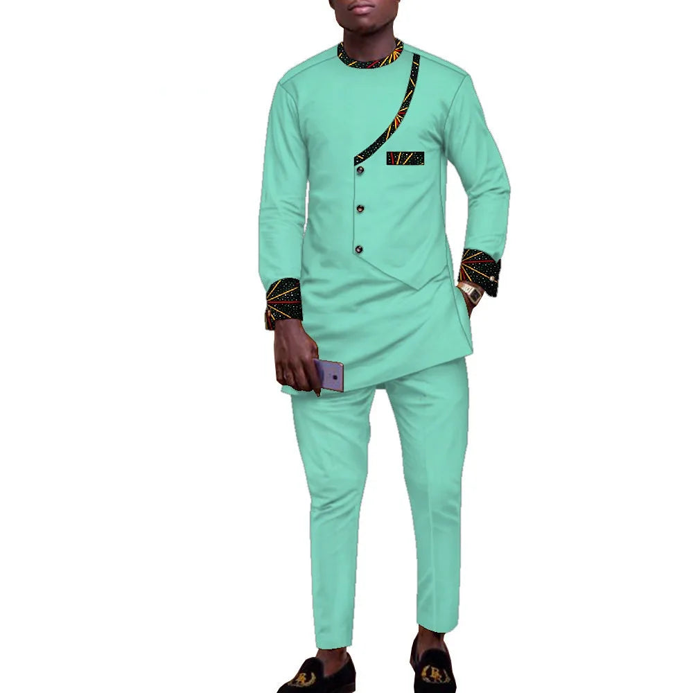 2025 African Men's Clothing 2-piece Long-sleeved Shirt and Long Pants Set, Big Stone Base Men's Set  Clothes for Men