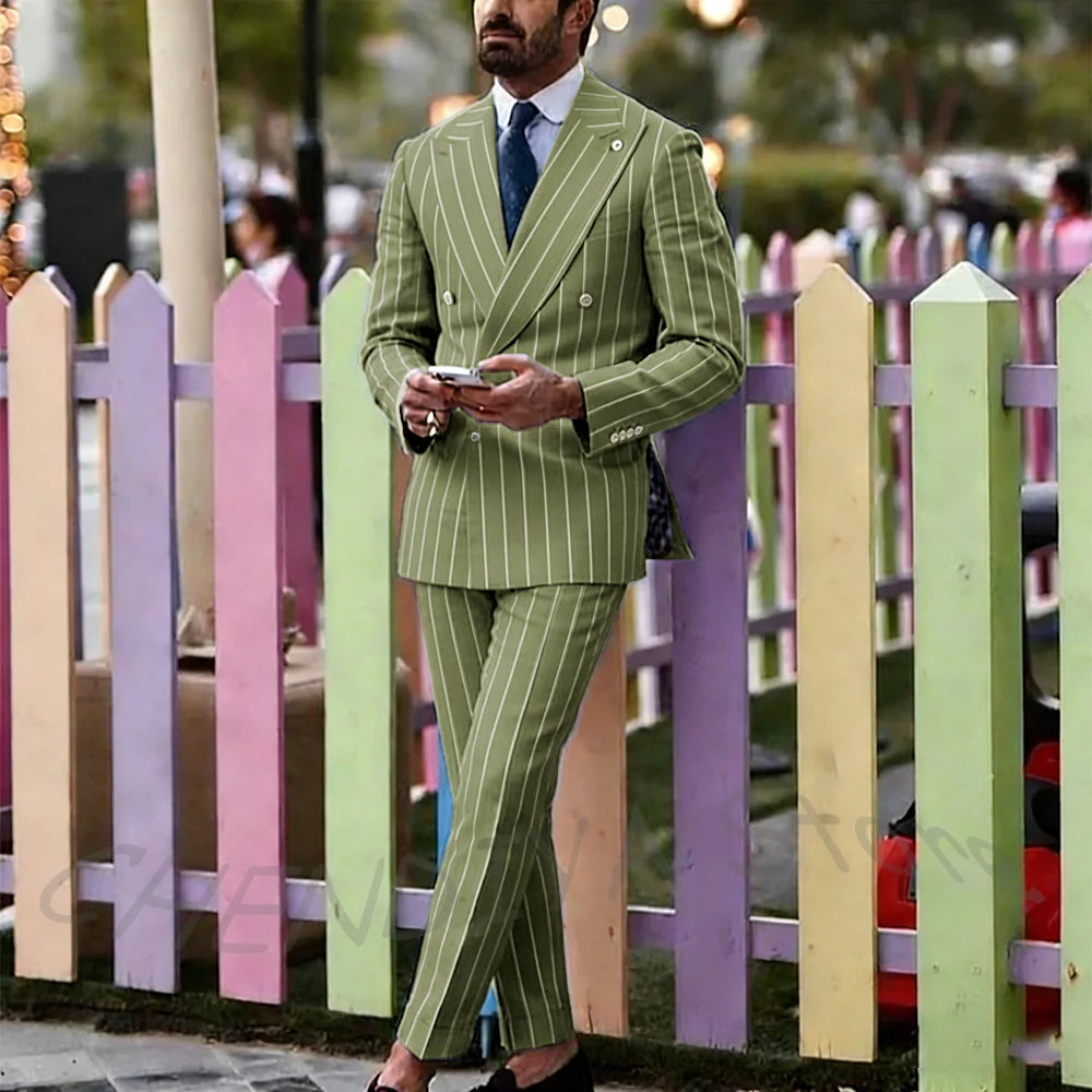 Light Purple Striped Men Suit England Style Peaked Lapel Double Breasted Classic Male Clothing Wedding Groom Tuxedo Custom Set
