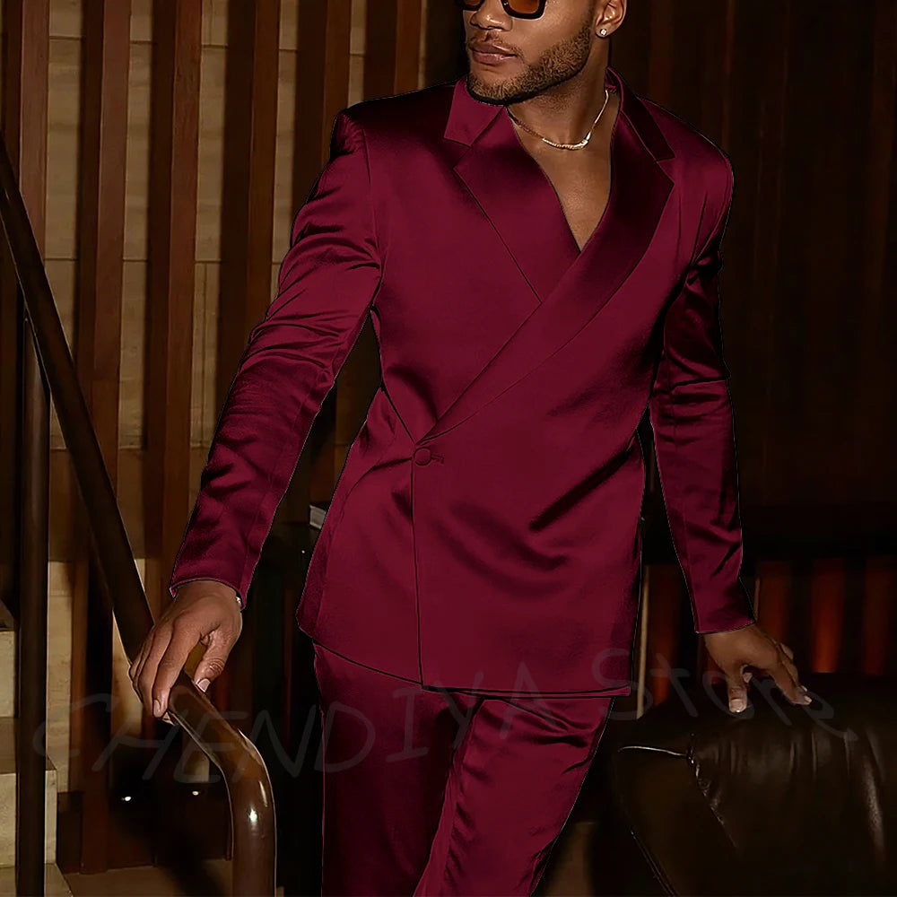 Fashion Notch Lapel Satin Men Suit High Quality Single Button Slim Fitted Outfit Jacket Pants Model Show Party Prom Male Set