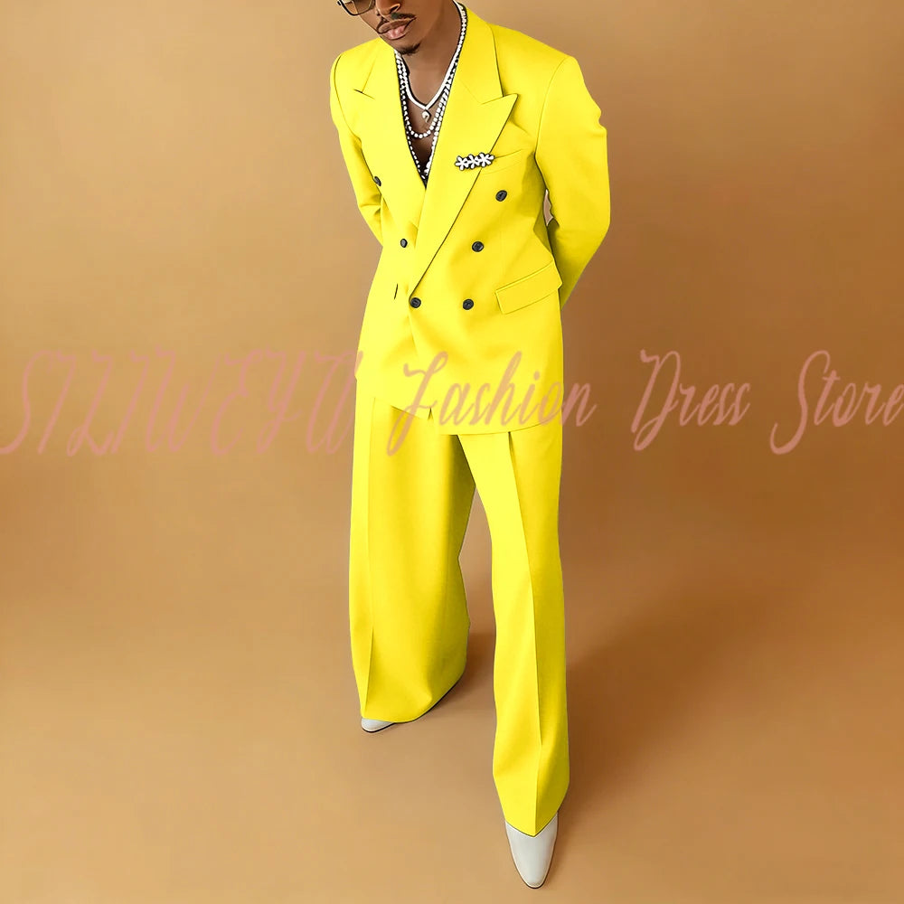 Double Breasted Men Solid Color Suit 2 Pieces Jacket Pants Business Casual Social Party Male Clothing Best Man Costumes Hommes