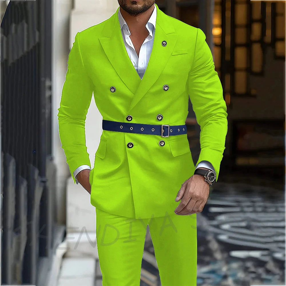 Navy Blue Men's Suit Classic Peak Lapel Blazer Double Breasted Formal Set Two Piece Business Casual Male Clothing Without Belt